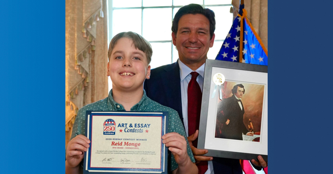 FLVS Flex Student Recognized in Statewide America250FL Essay Contest FLVS Flex student, Reid Monge, stands with Florida Gov. Ron DeSantis, while holding his award for winning the America250FL essay contest.