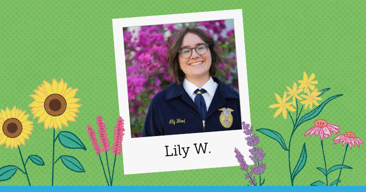 Photo of the author, Lily W, with drawings of flowers around her