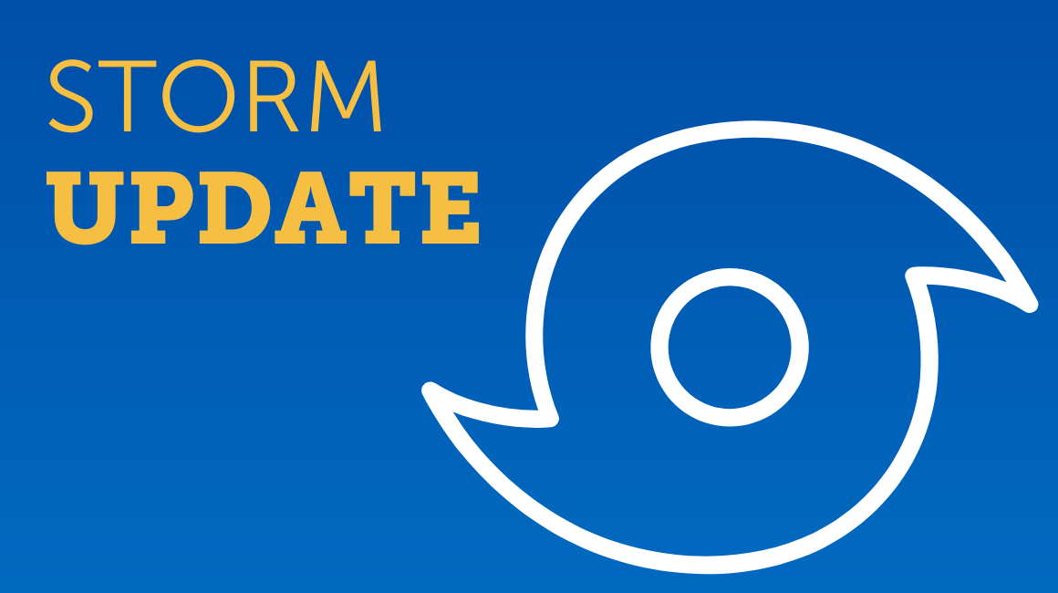 Blue image with hurricane symbol and the phrase, "Storm Update"